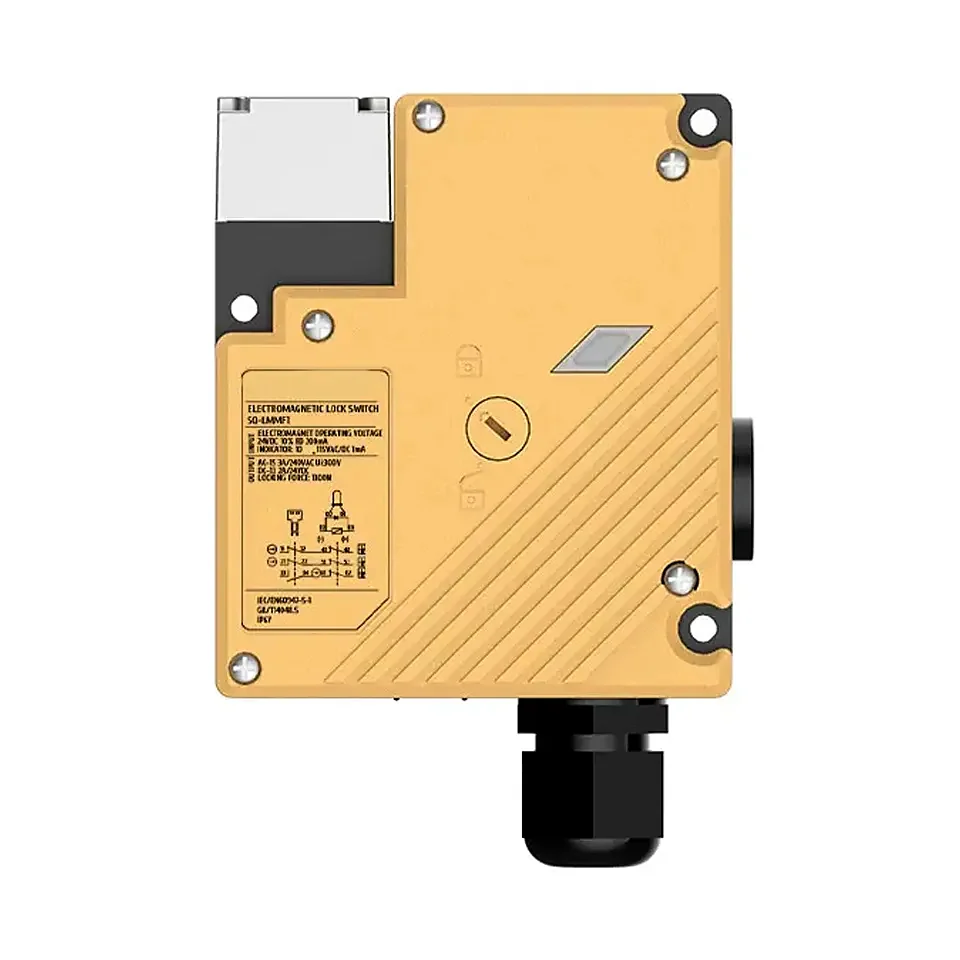 Yellow electromagnetic lock switch with a cable gland.